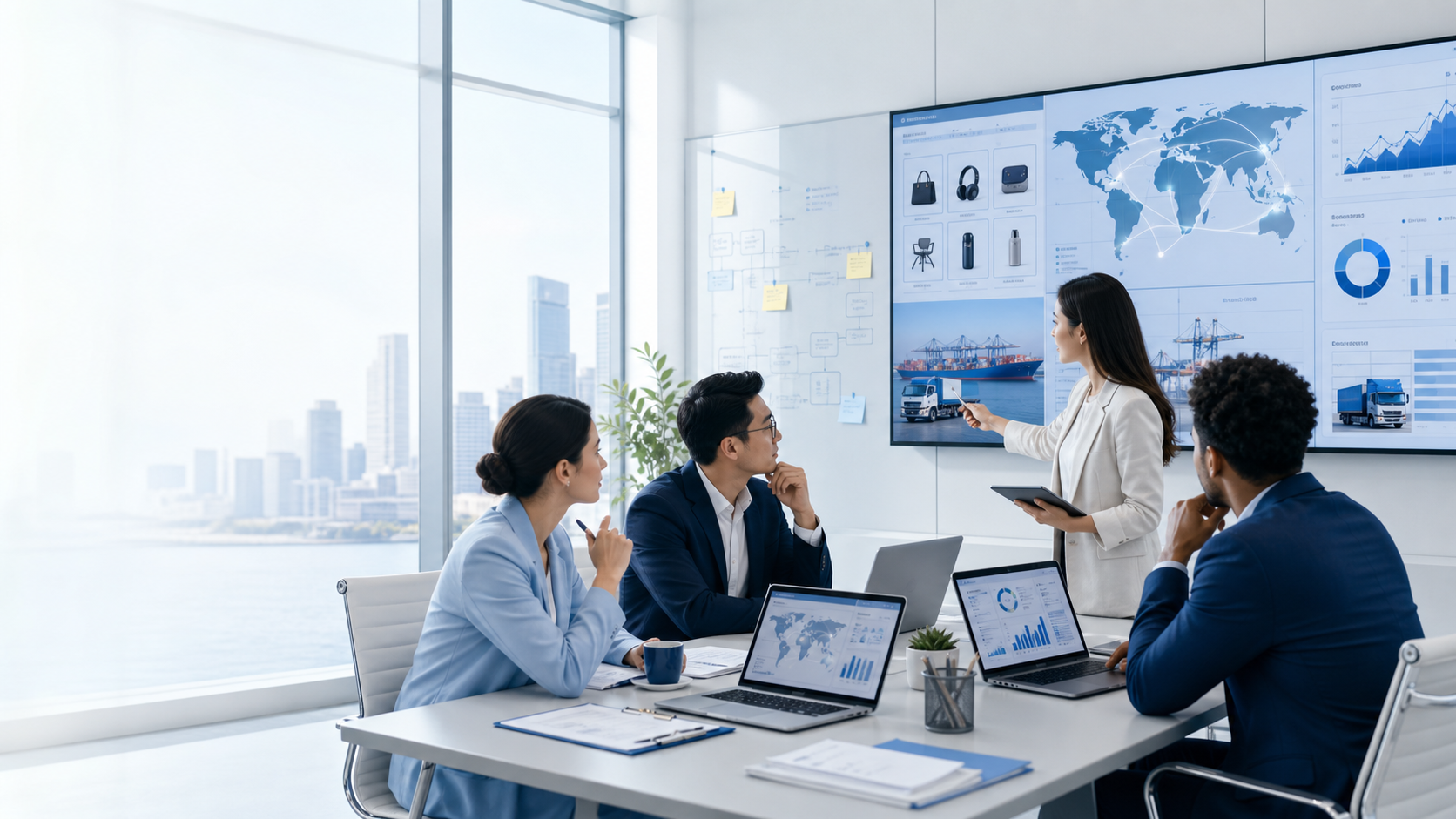 Professional team reviewing e-commerce operations and digital marketing analytics